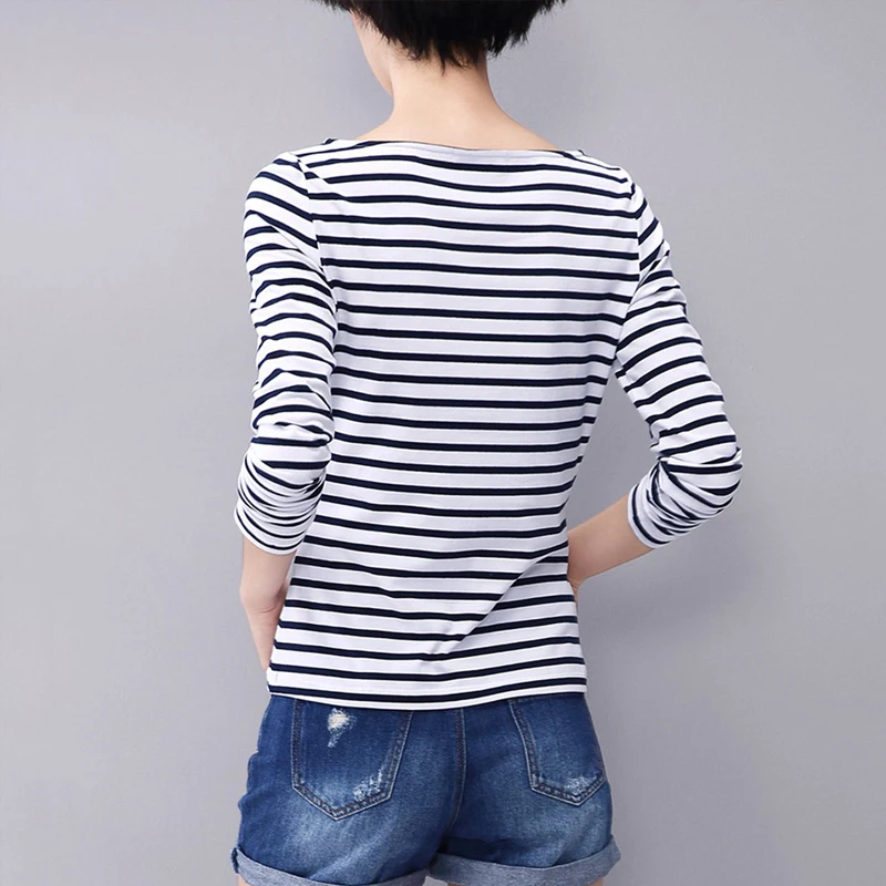 2018 Autumn New Korean Style Round Collar Loose Thin Striped T-shirt Long Sleeve Base Shirt Women 7