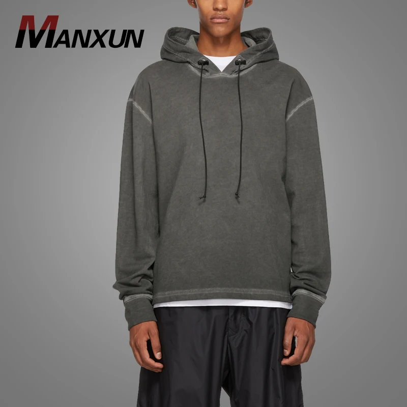 High Quality Long Sleeve Washed French Terry Hoodie Grey Streetwear Pullover Sweatshirt Mens Hoodie