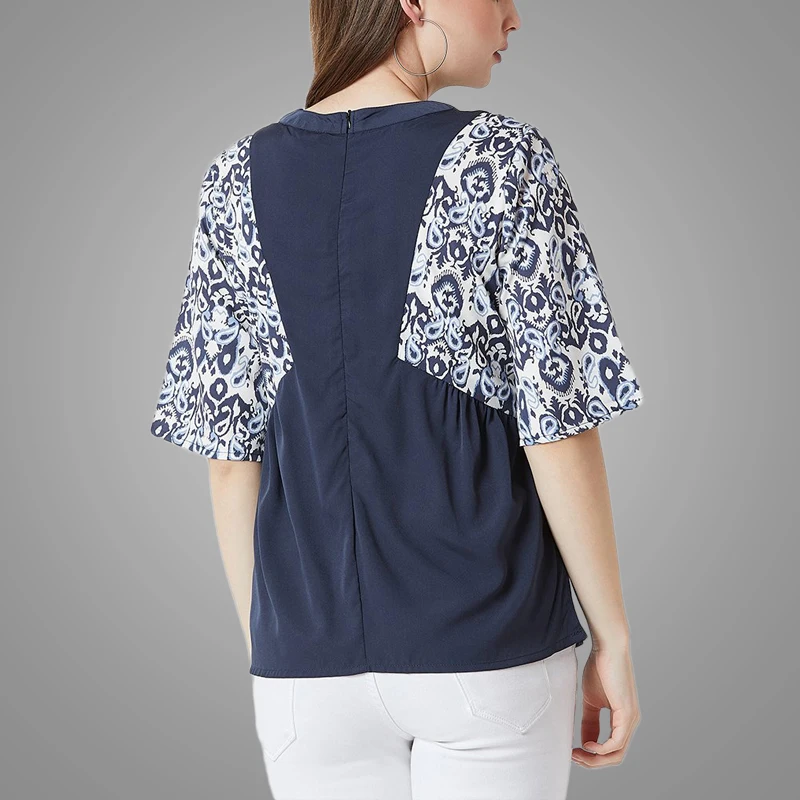 Fashion Navy Gathered O-neck Hole Tops Print Flowers Half Sleeve Oversized Women Blouse 2019 7