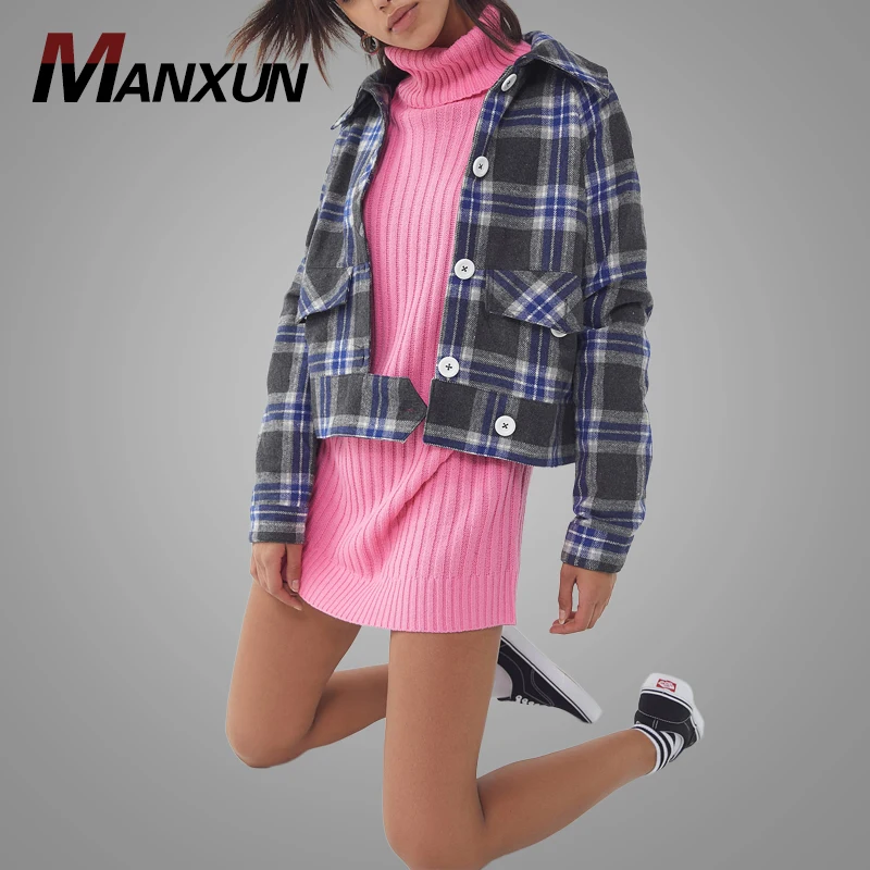 Hot Sell Button-up Plaid Worker Jacket Women Flannel Turn-down Collar Female Cotton Casual Shirt
