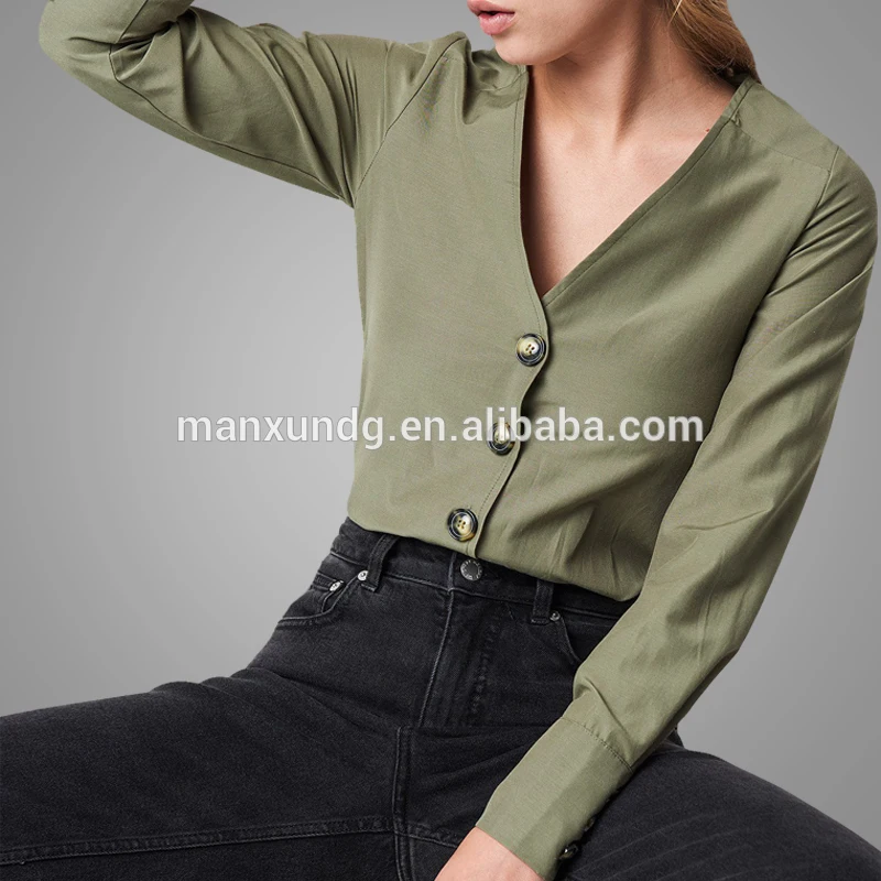 New Listing Fashion Women Casual Solid Color Blouses Custom Made V Neck Button Front Satin Blouse Tops Women