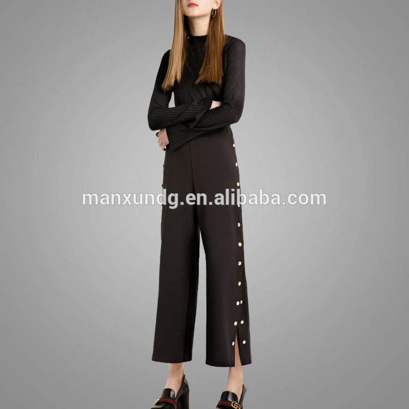 Hot Selling High Waisted Black Wide Leg Pants Gold Snap Button Closure Pants For Women Open From Mid Leg Down Lady Pants