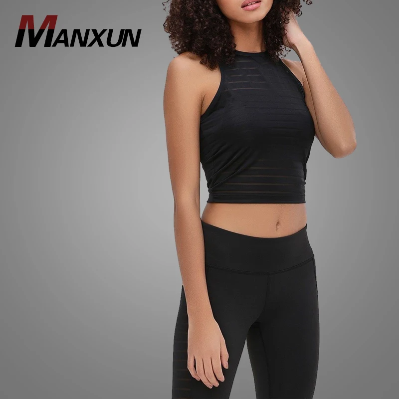 Fashion Quick Dry Mesh Sport Crop Tanks Top Plain Black Gym Vest Top Women 2018