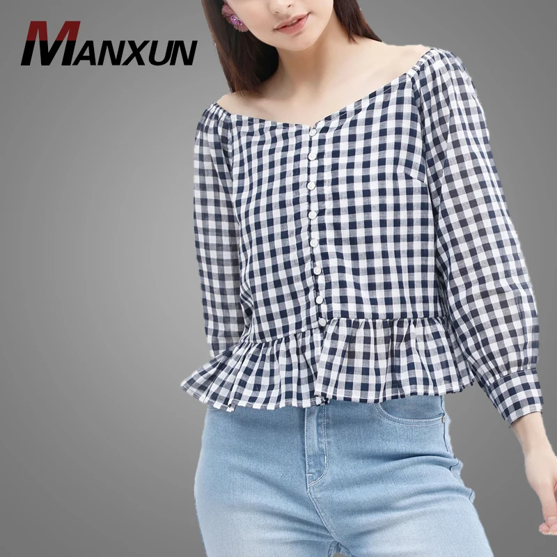 Top Fashion Off The Shoulder Grid Girls Shirt Blouse Black And White Blouse