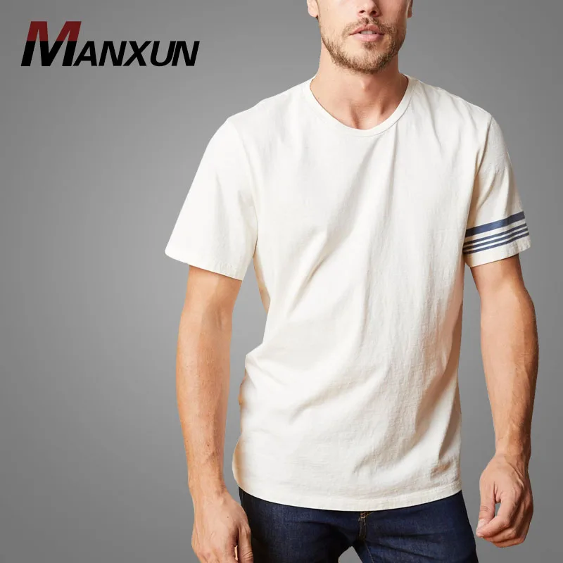 Striped Short  Sleeves Tee Crew Tshirts Custom Logo Printed Mens organic T shirt