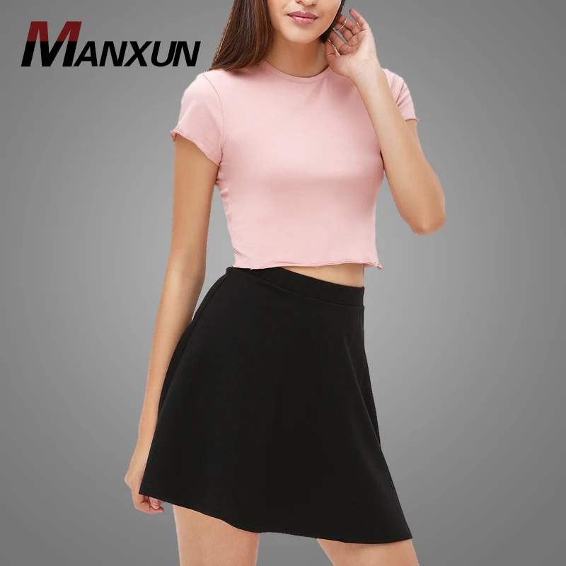 Cheap Round Neck Crop Top 100 Cotton Pink Slim Fit Casual Plain Girls T-Shirt