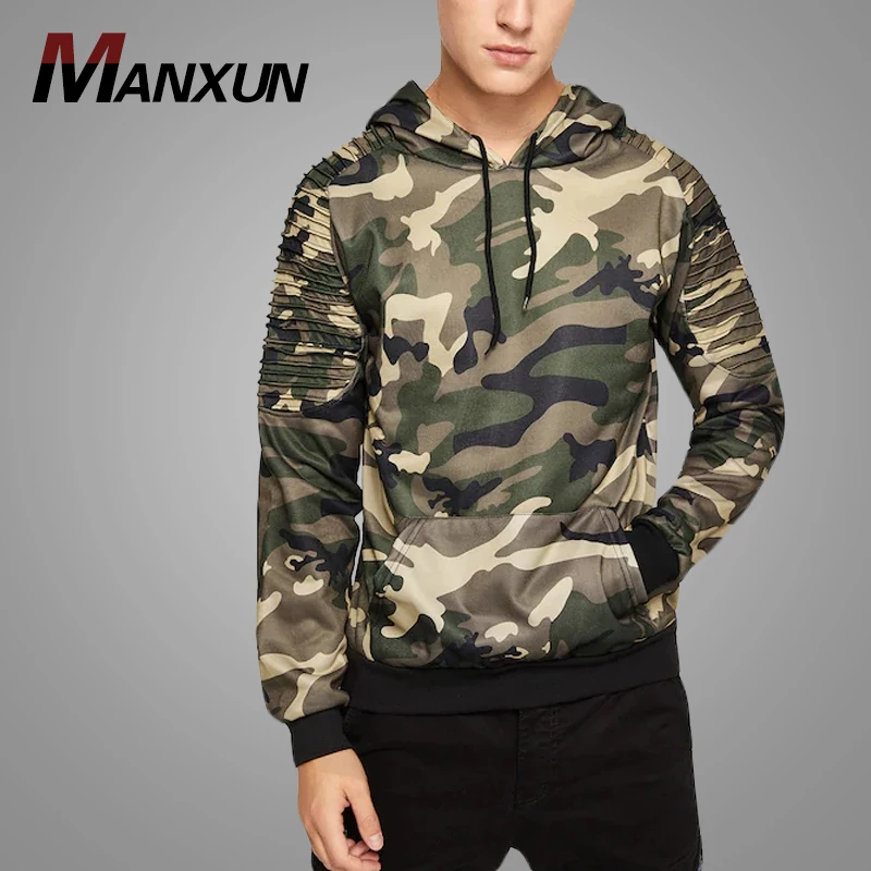 2018 Hot Sell Men Pleated Shoulder Camo Hoodie  Drawstring Hood Custom Print Pullover Hoodies