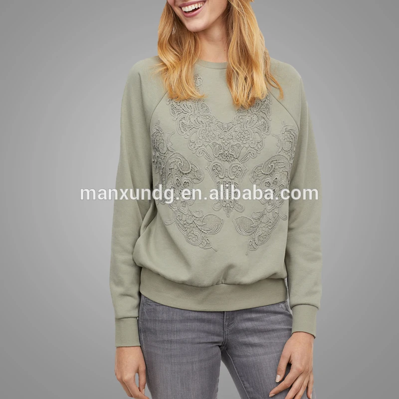 Latest Fashion Women Custom Logo Blank Drop Shoulder Hoodies Sweatshirts Stylish Lace Stitching Sweatshirt Tops