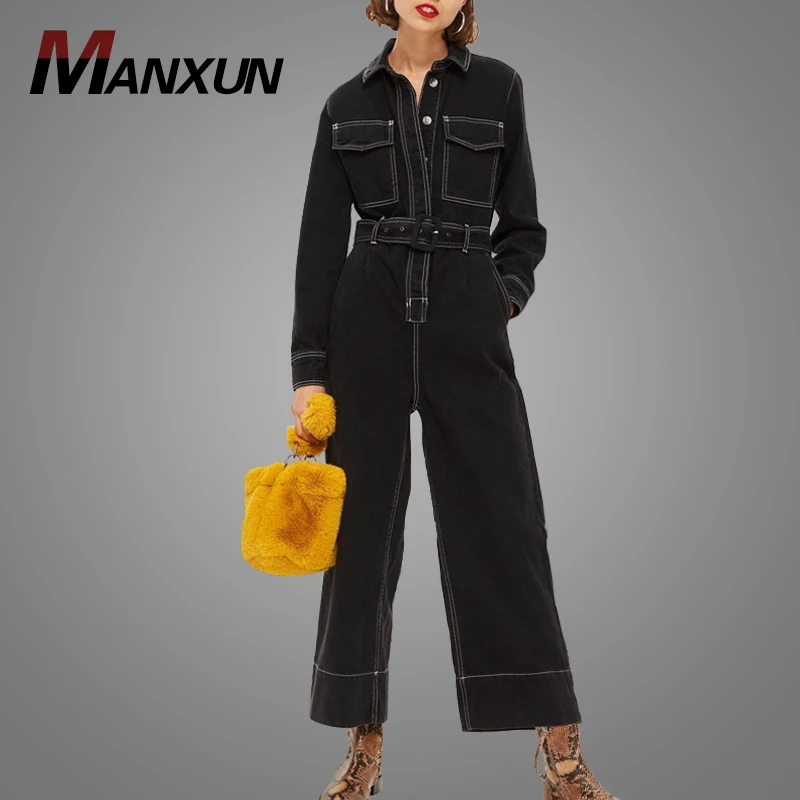 2018 Modest European And American Casual Clothing New Fashion Long Sleeve Womens One Piece Jumpsuit  Hot Selling Denim Jumpsuit