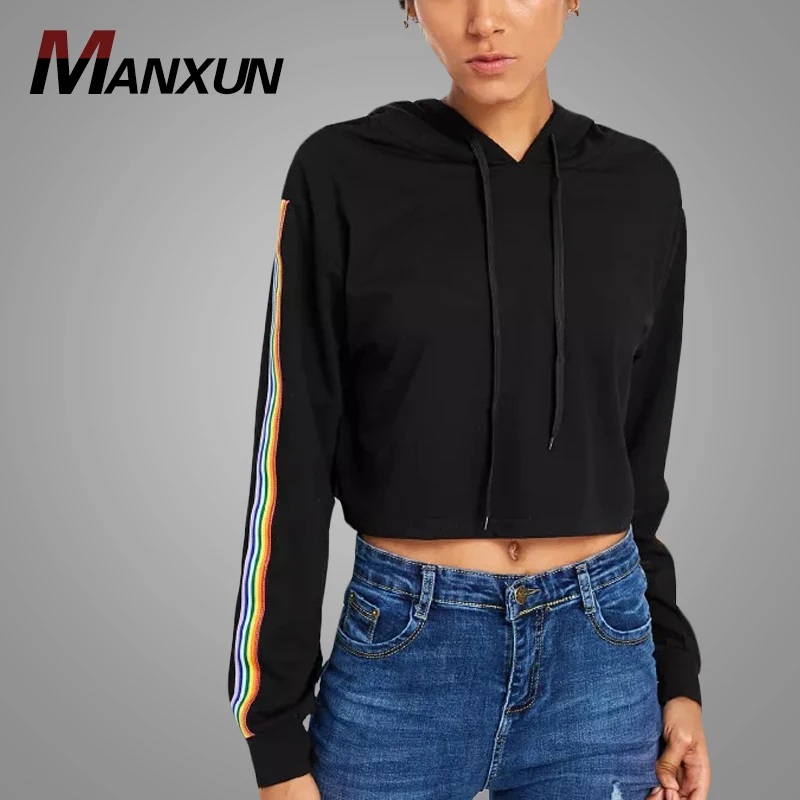 Wholesale Striped Tape Sleeve Hoodie Sweatshirts Custom Pullover Sweatshirt Casual Women Sweatshirt