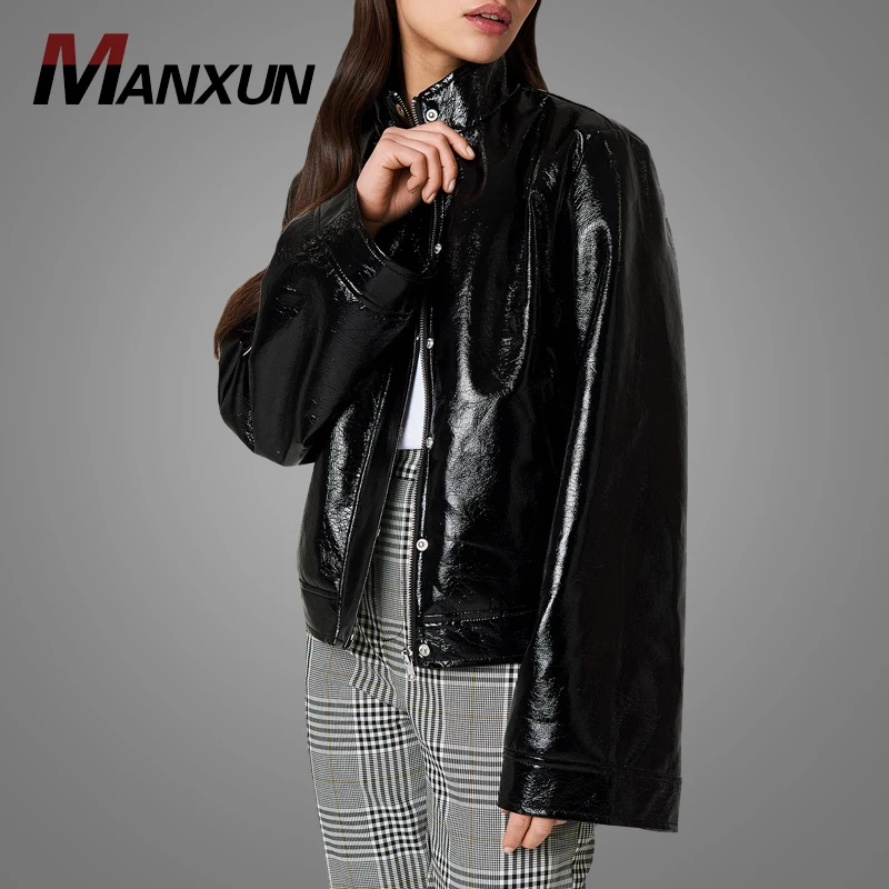 Factory Direct Sale Women Black Shinny Leather Jacket Custom Wide Sleeve Waterproof Patent Jacket 2019