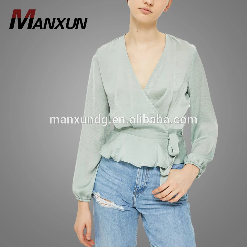 2018 New Design Vintage Wrap Blouse Chiffon Long Sleeve Girls Blouse