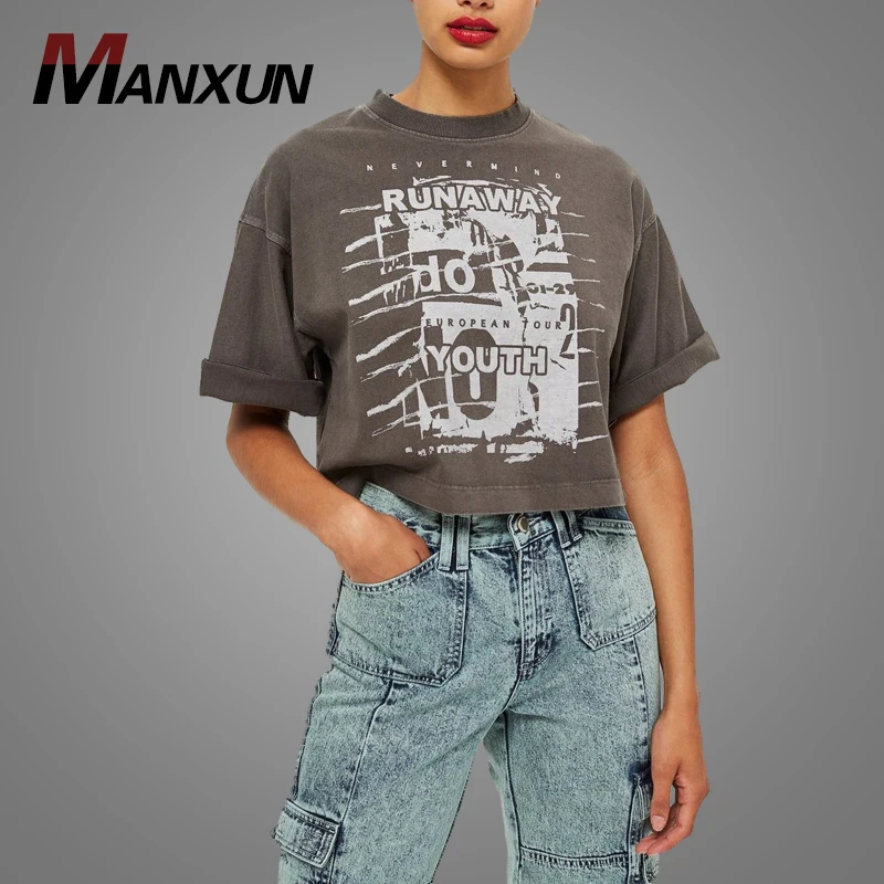 Most Popular Cropped Grey T-shirt Women Custom Slogan Printing T Shirt 2018