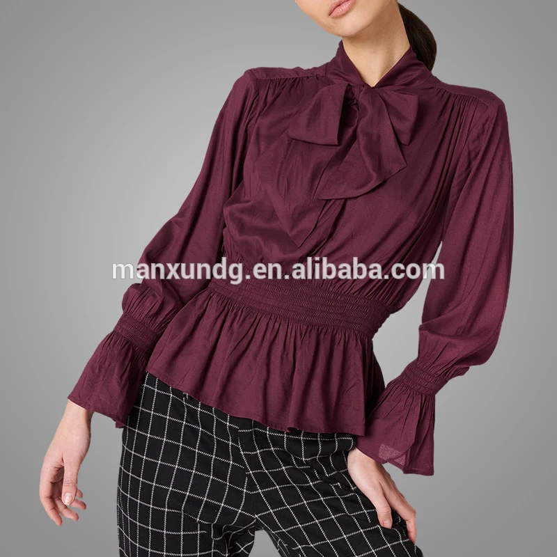 Autumn New Arrival Women Solid Color Burgundy Long Sleeve Blouse Tops Customized Fit Bow Knot Office Blouse Design 7