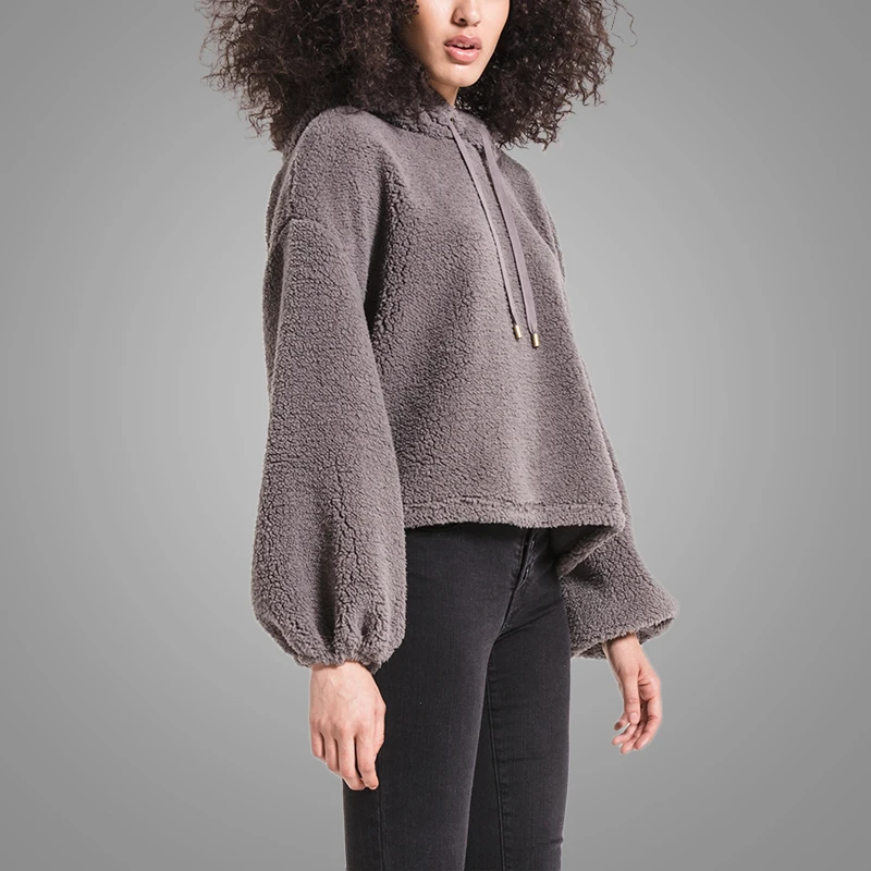 High Quality Cozy Soft Fur Sherpa Hoodie Sweatshirt Dropped Sleeves Elastic Cuffs Oversized Hoodie Women 5