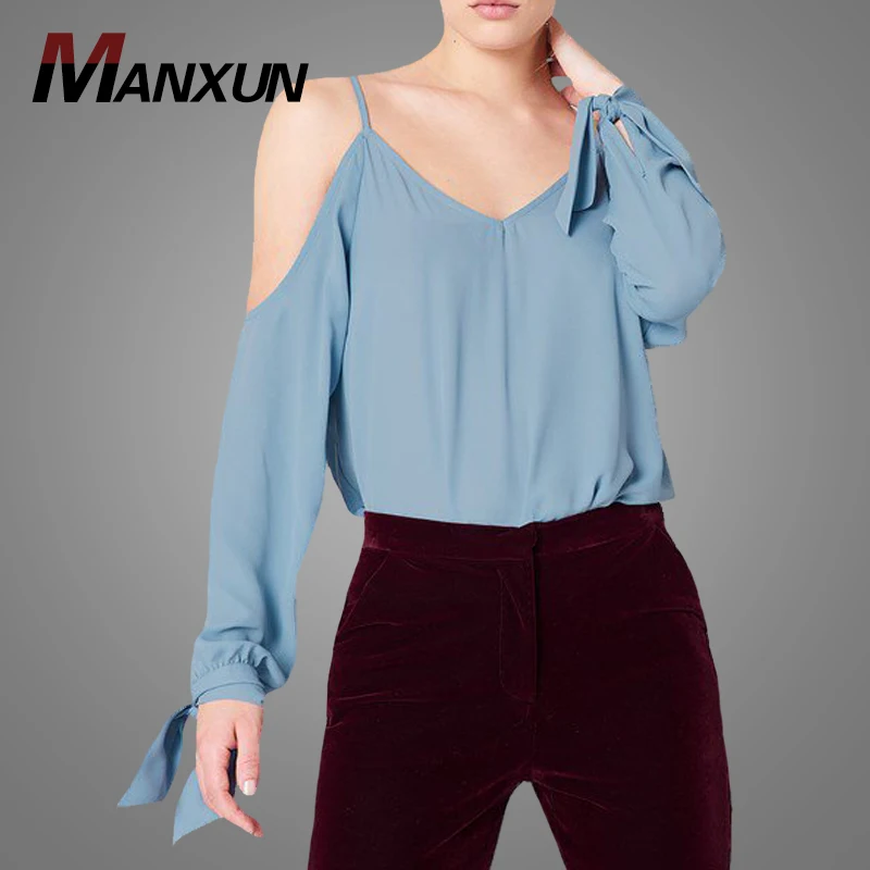 Wholesale Factory Price Women Customized Fashion Sky Blue Blouse Sexy Cold Shoulder Knot Sleeve Blouse And Tops 2018