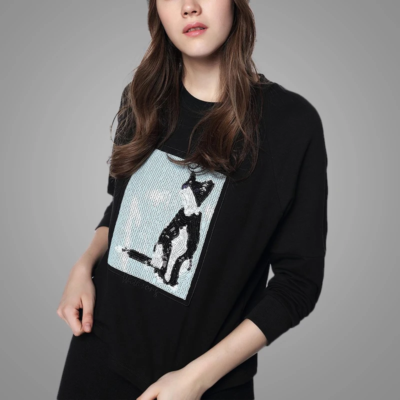 Wholesale Black Letters Slogan T-shirt Women Cartoon Round Neck Sports Casual Sequin T-shirt Female 5
