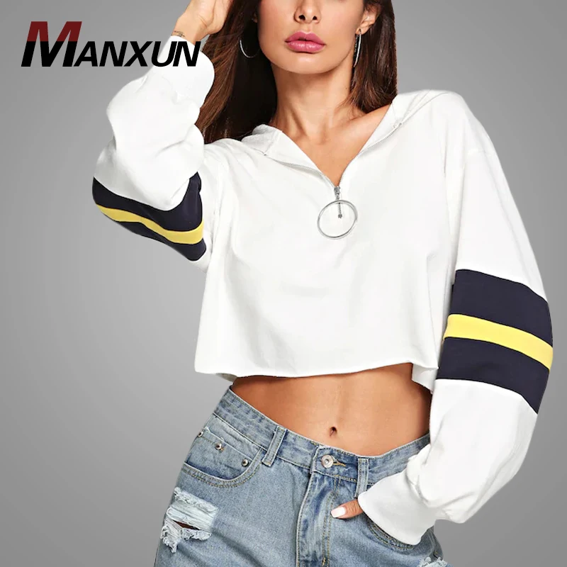 Hot Sell Women O-Ring Zip Hoodie Crop Sweatshirts Custom Striped Sleeve Pullover Sweatshirt Sporty