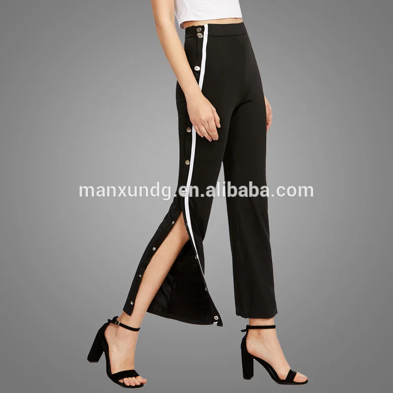 2018 Elegant Women Trousers Designs Tape Button Side Black Pants Wide Leg Pants 5