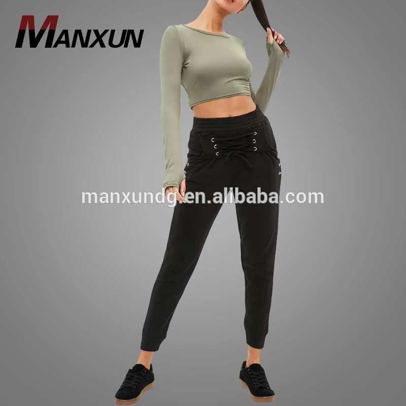 Cheap Wholesale Women Joggers Black High Waist Sweatpants Active Cotton Jogger Pants