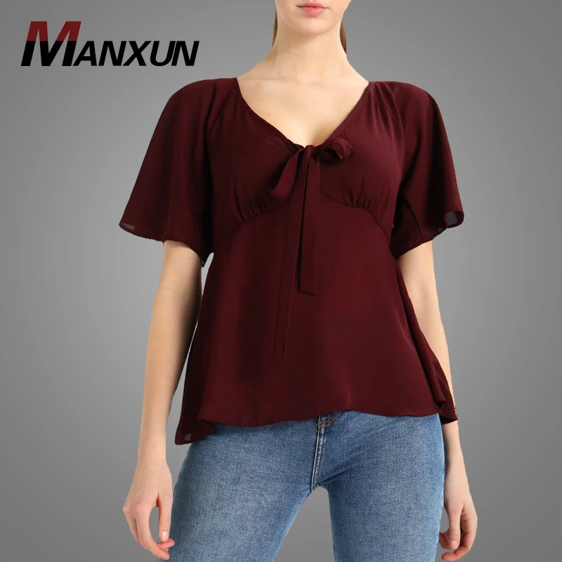 Wholesale Factory OEM Women Short Sleeve Plain Dyed Tops Casual V Neck Chiffon  Blouses 2018