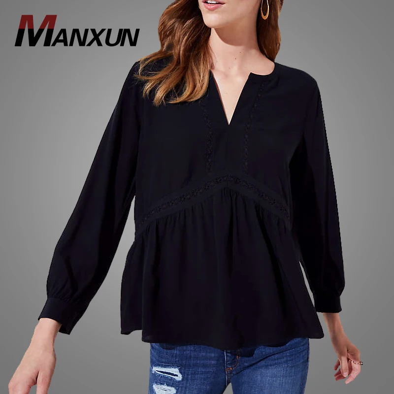 Factory Direct Price Women Plain Dyed Black Lace Trimmed Blouse And Tops Sexy Deep V Neck Long Sleeve Ladies Blouse