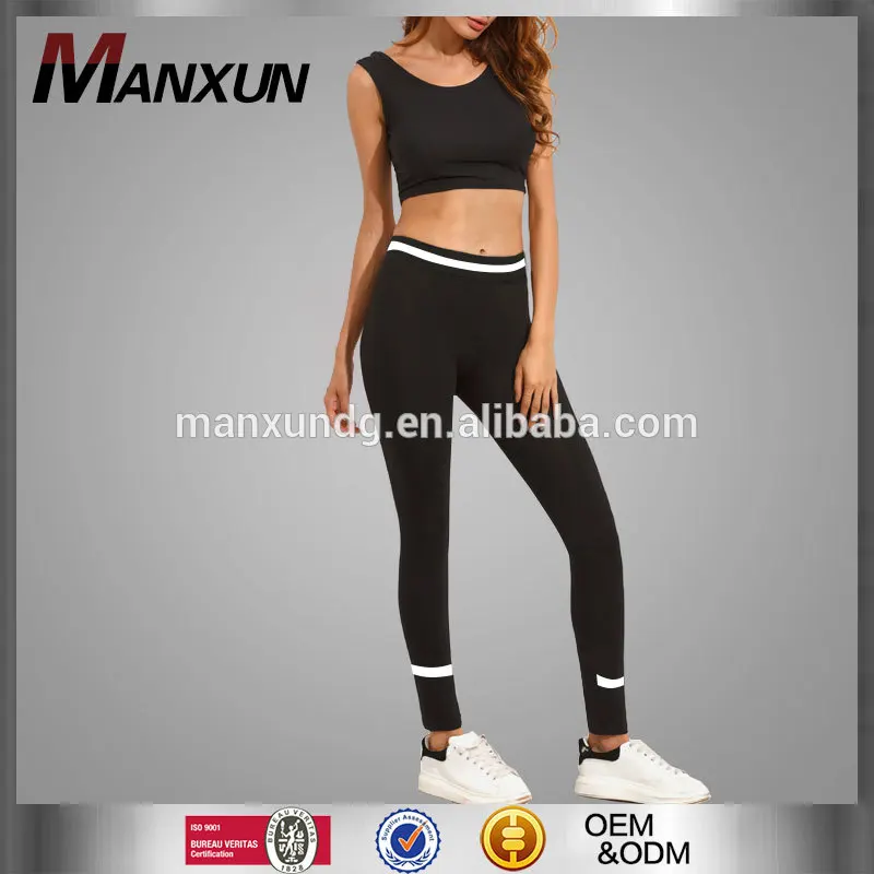 Hotsell Casual Fitness Clothing Women Sport Design Jogging Suit Black Crop Top And White Print Skinny Leggings Pants Sets