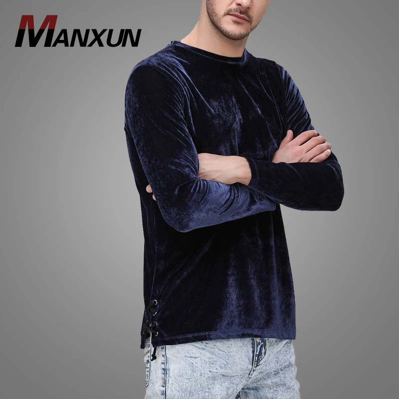 Custom Long Sleeve Velour T Shirt Velvet Fitness Mens Blank T-Shirt 2018