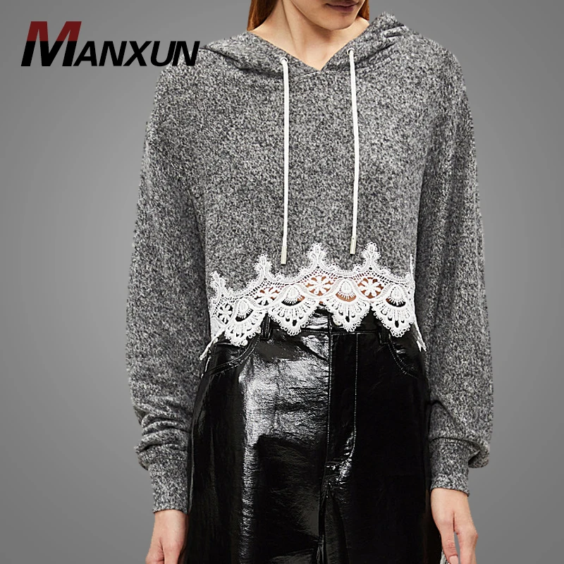 New Trendy Products Women Plain Long Sleeve Pullover Hoodies Custom Lace Patchwork Stylish Cropped Hoodies