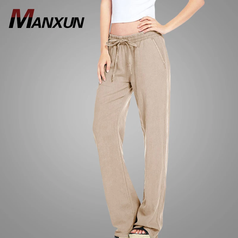 Latest Design Women Mid-rise Pants Havana Drawstring Linen Pants Wide Leg Trousers Ladies Hot Sell