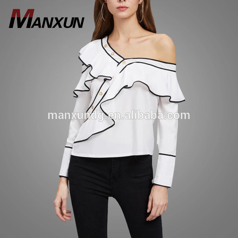 Hot Sale Women Clothing Fashion Slim Fit Contrast Trim Asymmetric Frill Ladies Blouse Design