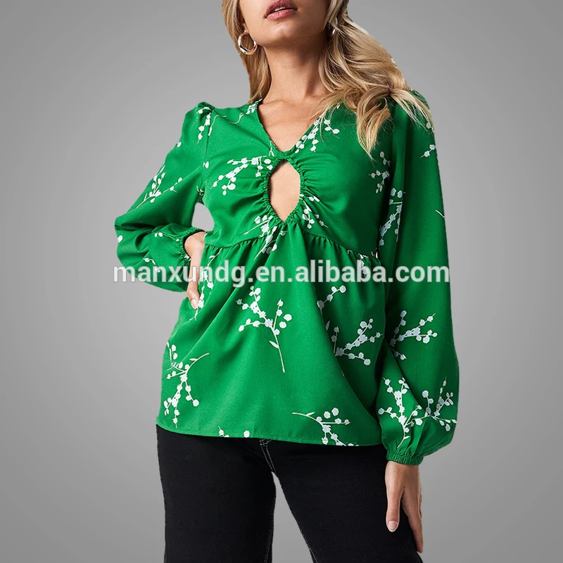 Autumn New Arrival Women Sexy Keyhole Blouse Tops High Fashion Flower Printing Chiffon Blouse And tops Wholesale