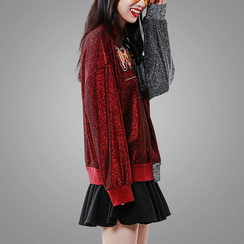 New Fashion Red and Grey Color Block Stitching Sequined Ladies Oversized Pullover Long Women Sweatshirt 5