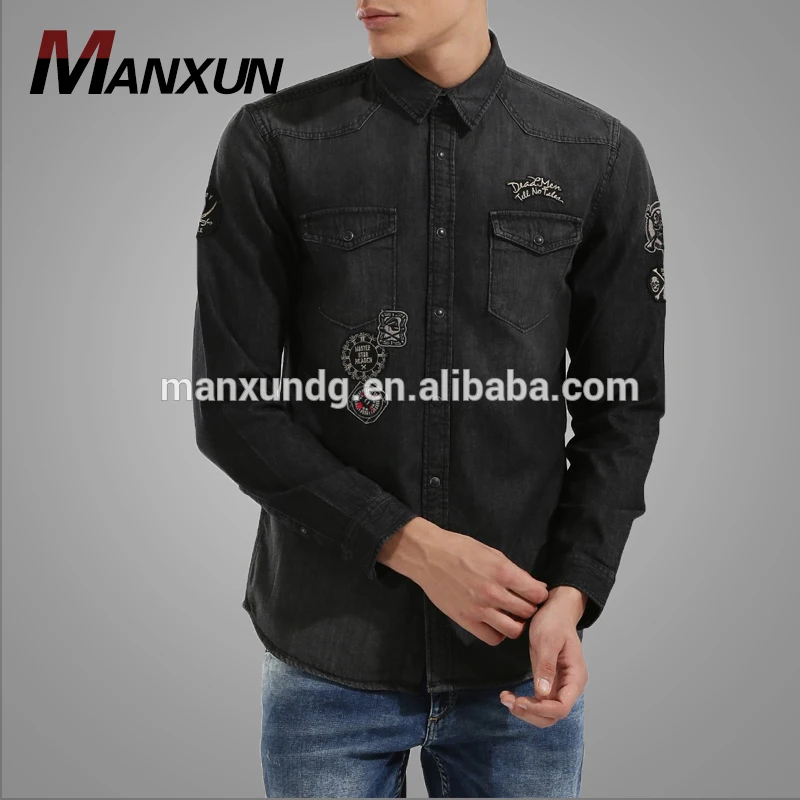 2017 Latest Design Grey Denim Casual Applique Shirt For Men Slim Fit Boys Custom Long Sleeve Shirts In Plus Size