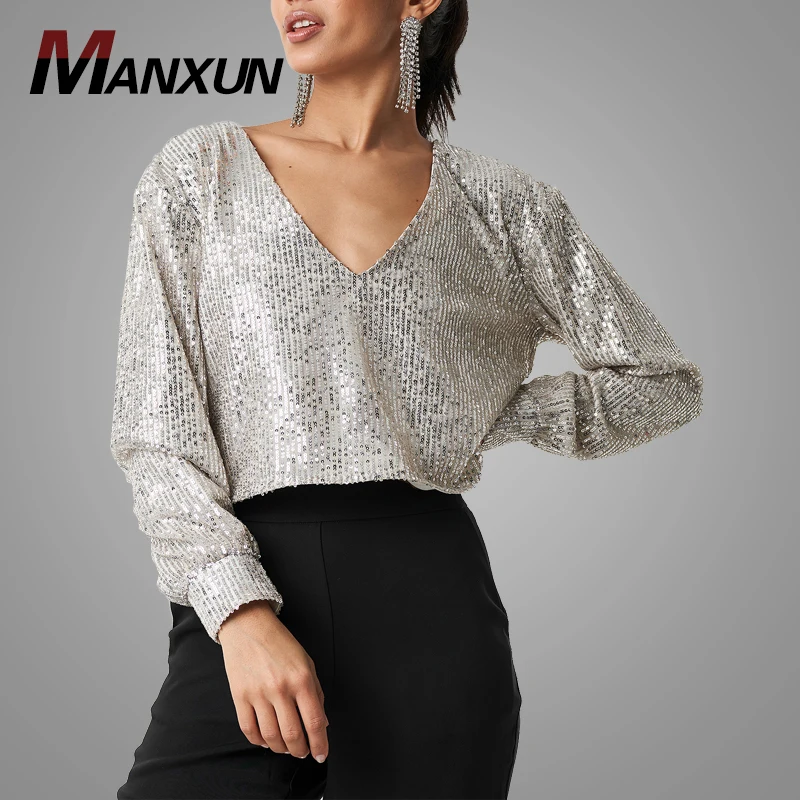 Latest Fashion Oversized V Neck Silver Sequin Blouse Long Sleeve Women Blouse Tops 2018