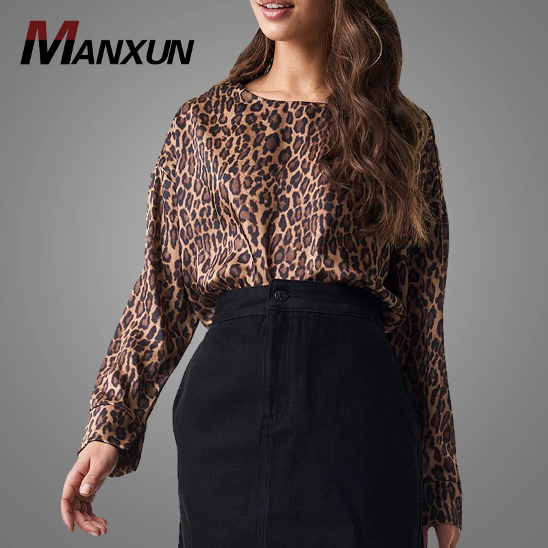 High Quality Mature Women Square Neck Long Sleeve Blouse Sexy Loose Leopard Print Ladies Chiffon Blouse And Tops