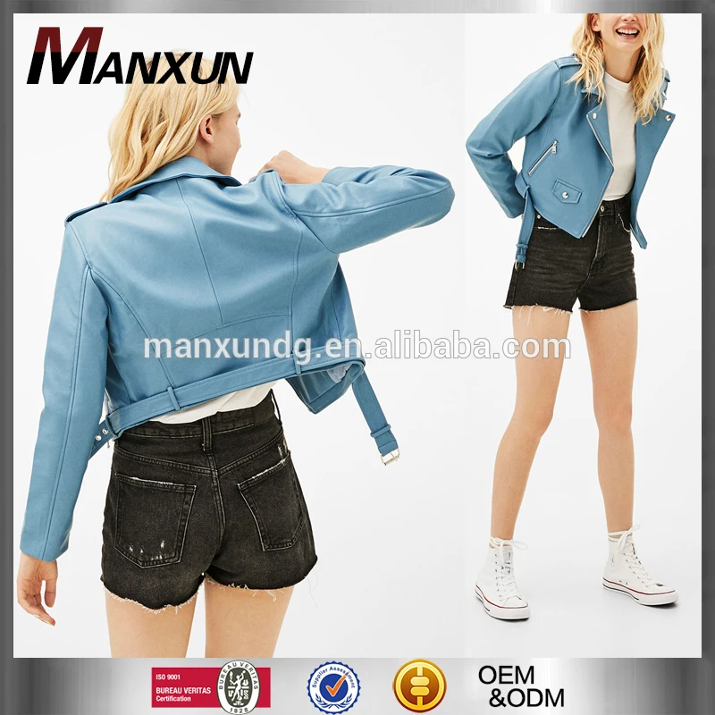 OEM And ODM New Products 2018 Fashion Blue Short PU Leather Biker Jacket Women