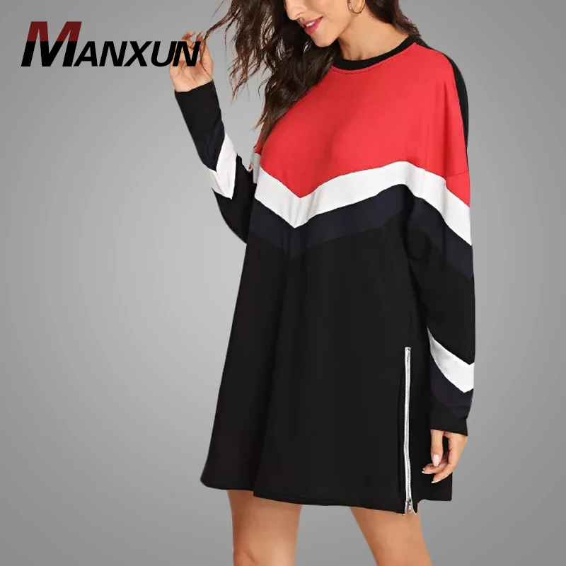 OEM Wholesale Color Block Striped Tunic Pullover Sweatshirt Women Custom Oversized Sweatshirts