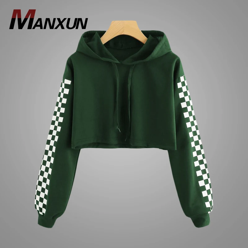 Latest Design Contrast Checked Sleeve Crop Hoodie Drawstring Hood Custom Women Pullover Hoodies
