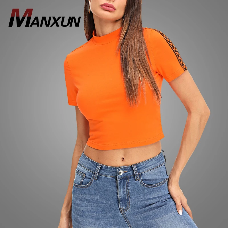 High Quality Plaid Panel Crop Tee T-Shirt Short Sleeve Blank Slim Fit Orange Ladies T Shirt