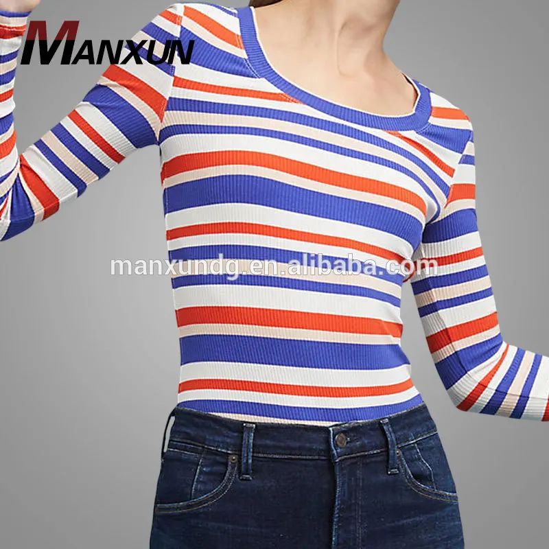 OEM Service Wholesale Blouse 100% Cotton Top Womens Ribbed Tees Knitted Colorful Ribbed Long-Sleeved Tee