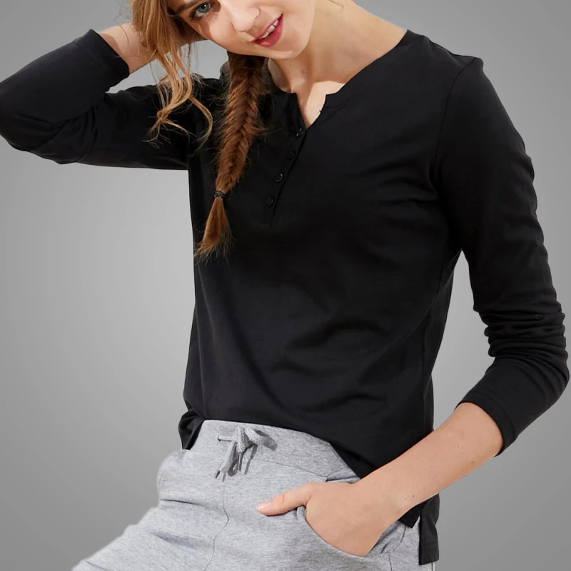 Hot Selling Long Sleeve V-neck Sexy Women T-shirt Black Casual Plain T-shirt for Girls Ladies 3