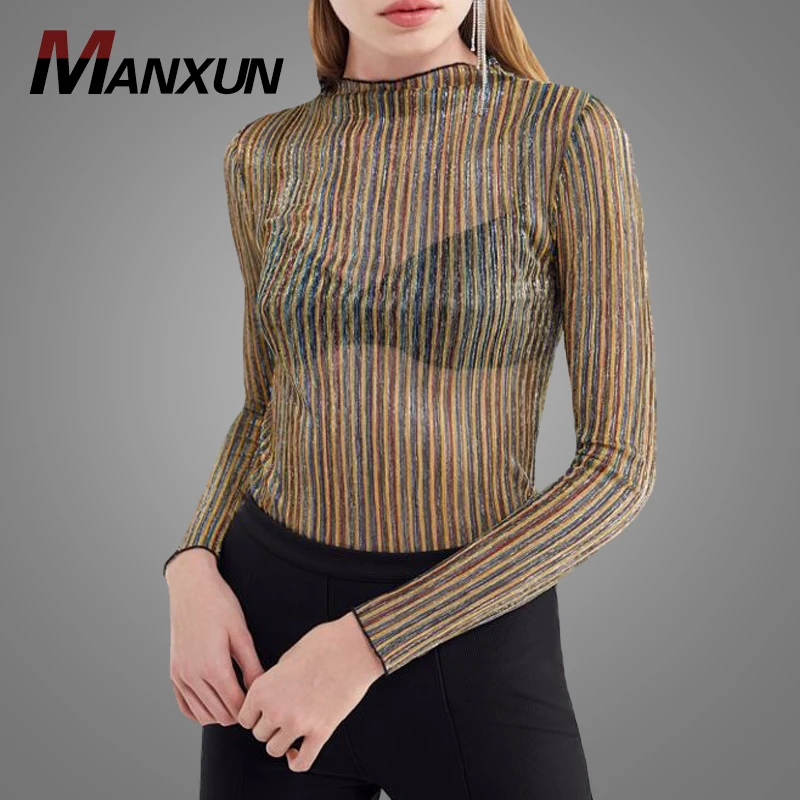2018 Autumn Wholesale Fashion Long Sleeve Blank Blouse And Tops New Trending Sexy Striped Metallic Disco Blouse For Women