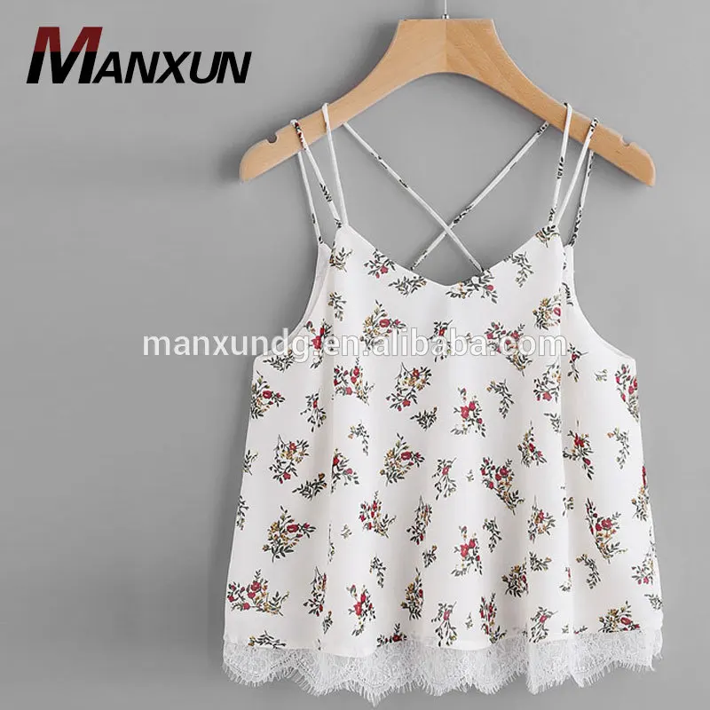 Young Girl Spaghetti Strap Blouses Sexy Summer Causal Design Tank Top Lace Trim Double Strap Crisscross Floral Cami Blouse