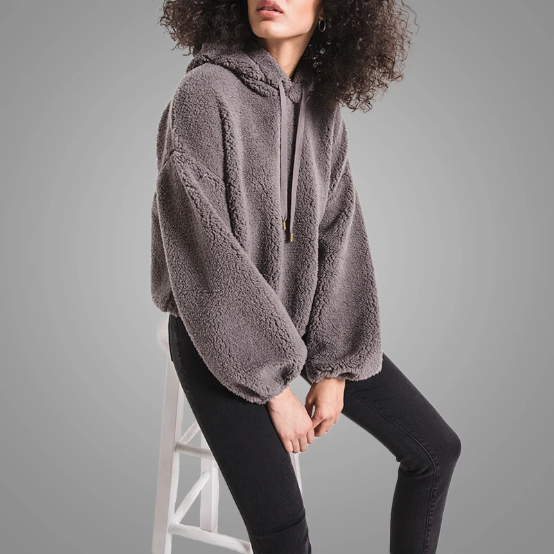 High Quality Cozy Soft Fur Sherpa Hoodie Sweatshirt Dropped Sleeves Elastic Cuffs Oversized Hoodie Women 3