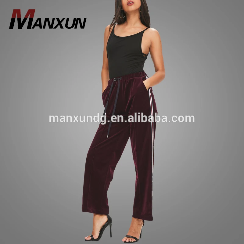High Quality Wine Side Stripe Velour Wide Leg Trousers Pants For Women 2018