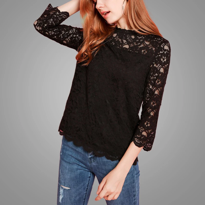 Newest Slim Lace Hollow out Sexy Autumn Women Top Hot Fashion Elegant Temperament Female T-shirt 3