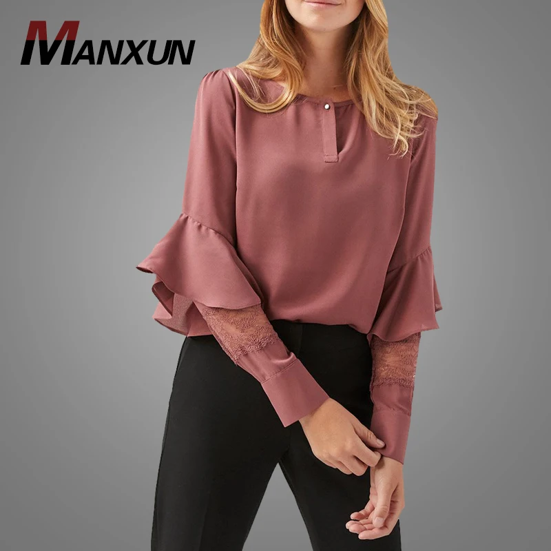 Wholesale Customized Fashion Blank Silky Crepe Blouse Elegant Lace Sleeve Ruffle Chiffon Blouse Tops 2018