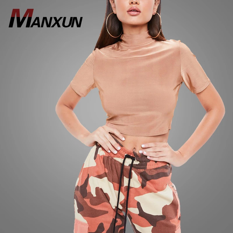 Wholesale Cheap Slim Fit Casual T Shirt Plain Nude Stretch Short Sleeve Ladies Crop Top 2018