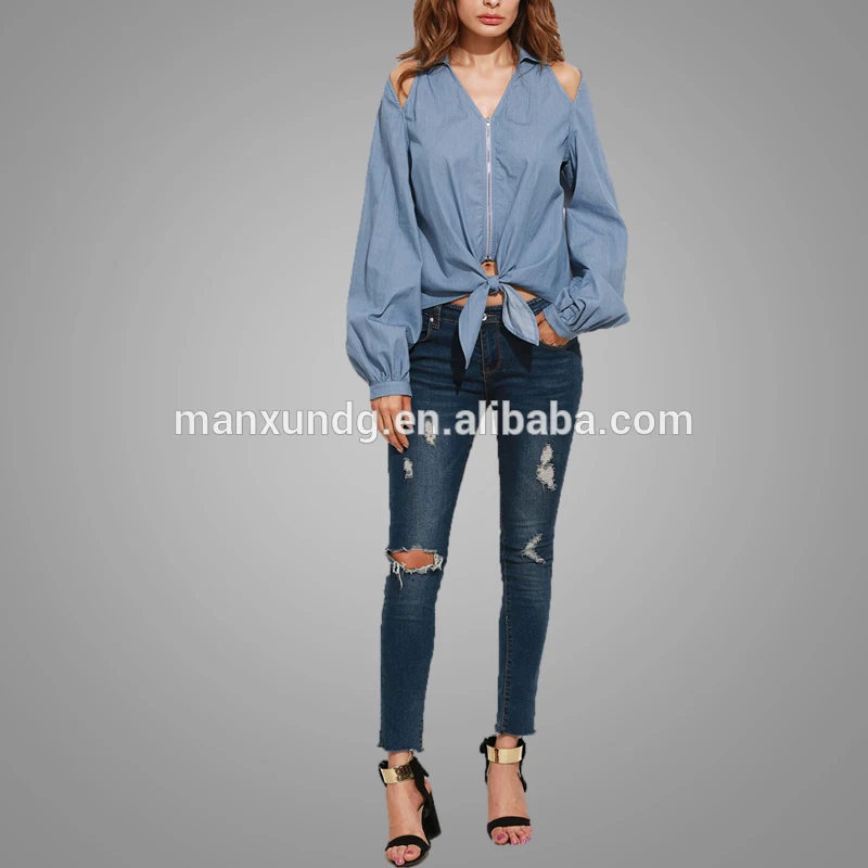 Latest Design Zipper Blouse Light Blue Denim Drop The Shoulder Long Sleeve Blouse Ladies Tops 2018 5